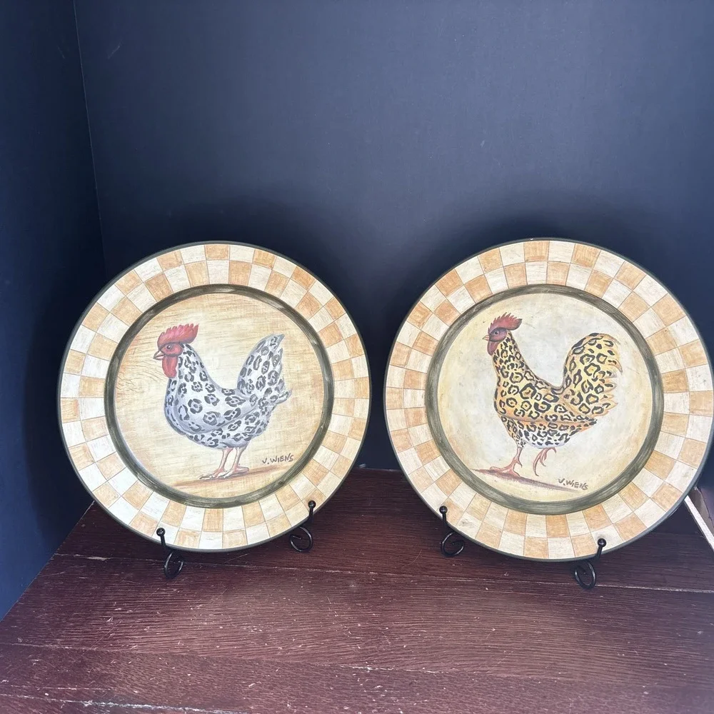 J. Weins Chetah‎ Animal Print Chickens Decorative Plates Set Of 2 Farmhouse